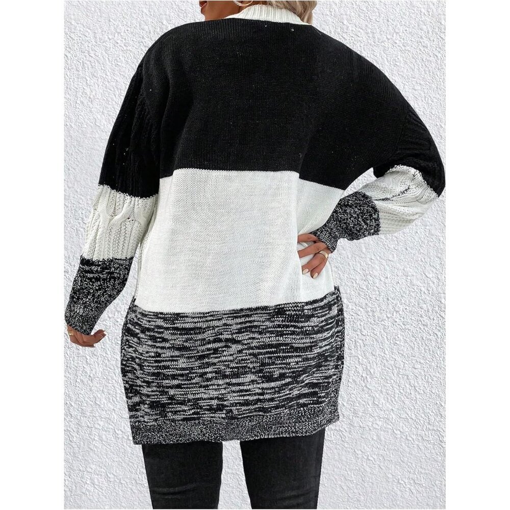 Women's Plus Size Color Block Cardigan Open Front Long Sleeve Casual Sweater - Picture 2 of 3